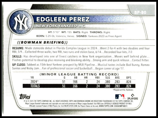 2025 Bowman Prospects #BP-80 Edgleen Perez New York Yankees