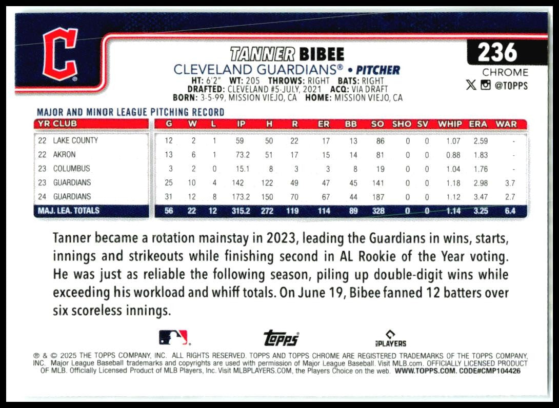 2025 Topps Chrome #236 Tanner Bibee Cleveland Guardians