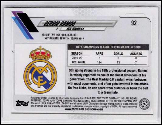 2020-21 Topps Chrome UEFA Champions League #92 Sergio Ramos