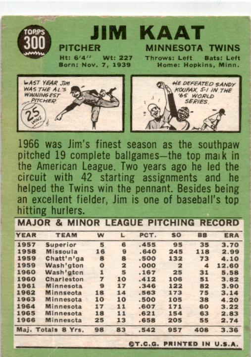 1967 Topps #300 Jim Kaat Minnesota Twins
