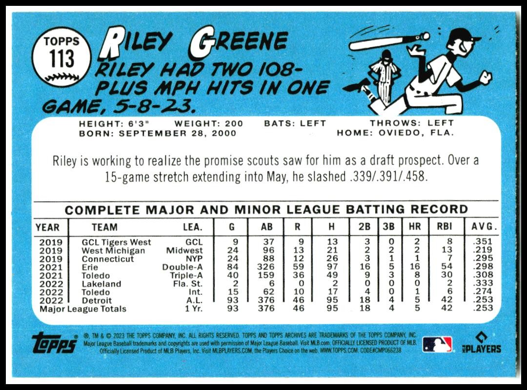 2023 Topps Archives #113 Riley Greene Rookie Detroit Tigers