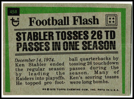 1975 Topps #458 Ken Stabler Oakland Raiders