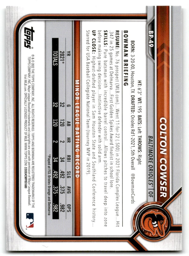 2022 Bowman Prospects Colton Cowser Baltimore Orioles #BP-49