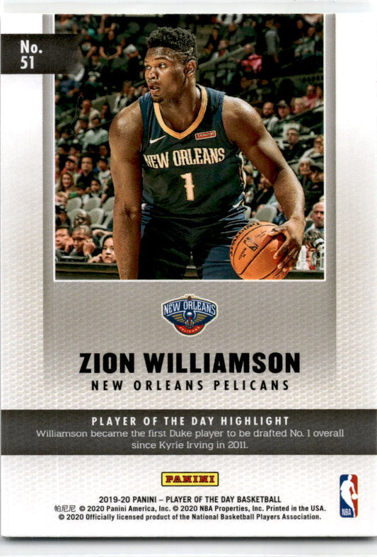 2019 Panini Player of the Day #51 Zion Williamson Rookie New Orleans Pelicans