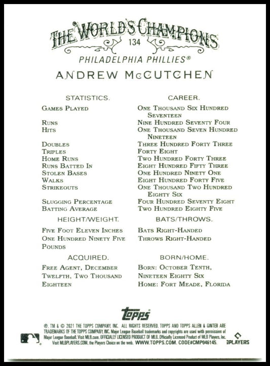 2021 Topps Allen & Ginter #134 Andrew McCutchen Philadelphia Phillies