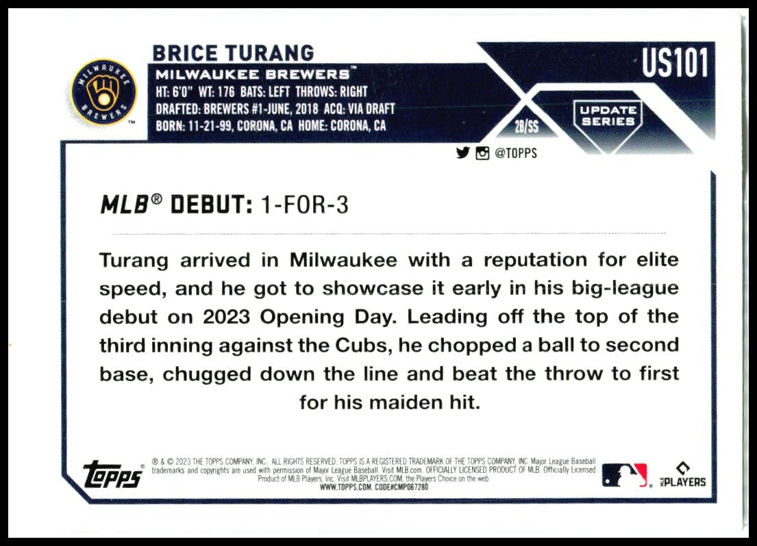 2023 Topps Update #US101 Brice Turang Milwaukee Brewers