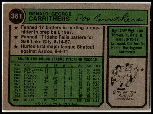 1974 Topps #361 Don Carrithers San Francisco Giants