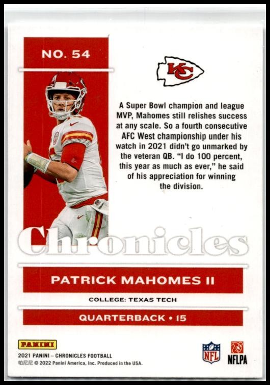 2021 Panini Chronicles #54 Patrick Mahomes II Kansas City Chiefs