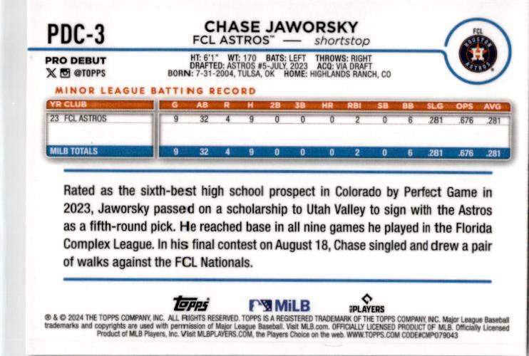 2024 Topps Pro Debut Gold Speckle #PDC-3 Chase Jaworsky /50 FCL Astro