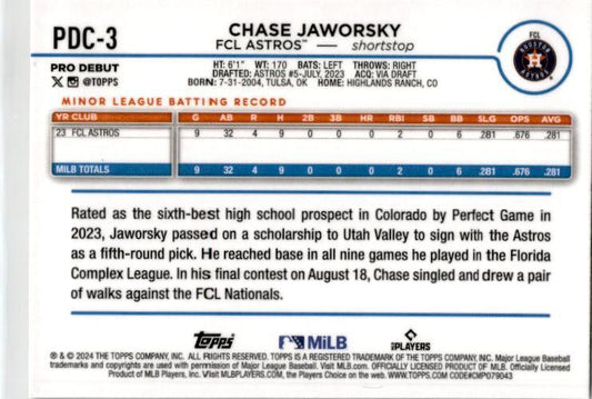 2024 Topps Pro Debut Gold Speckle #PDC-3 Chase Jaworsky /50 FCL Astro