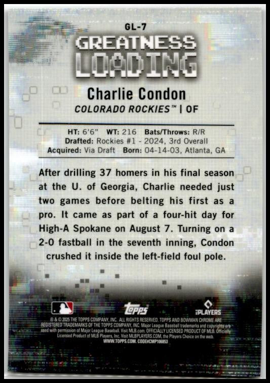 2025 Bowman Greatness Loading Gold /50 #GL-7 Charlie Condon Colorado Rockies