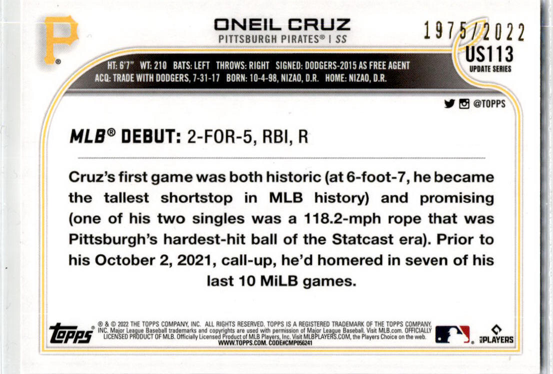 2022 Topps Update Gold #US113 Oneil Cruz Pittsburgh Pirates /2022