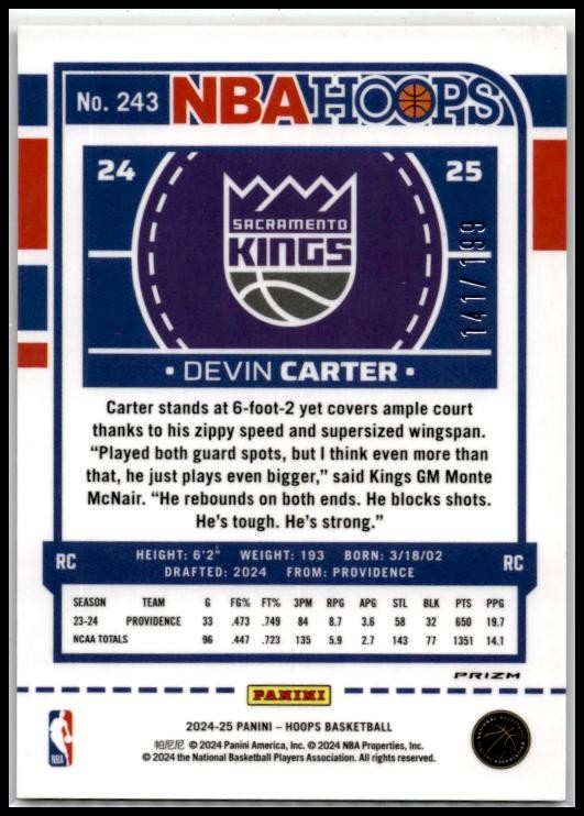 2024-25 Hoops Premium Prizms Pulsar Red #243 Devin Carter Rookie Kings
