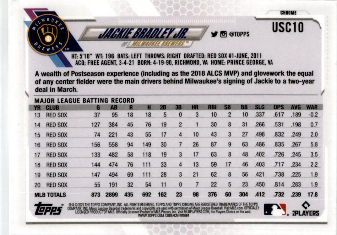 2021 Topps Chrome Update Purple Refractor #USC10 Jackie Bradley Jr. Brewers