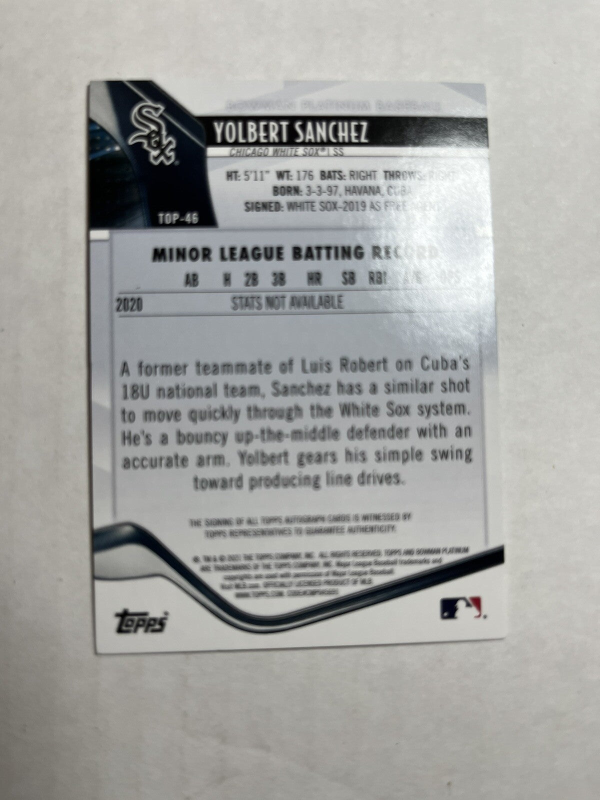 2021 Bowman Platinum Top Prospects Yolbert Sanchez Ice Foil Auto /50