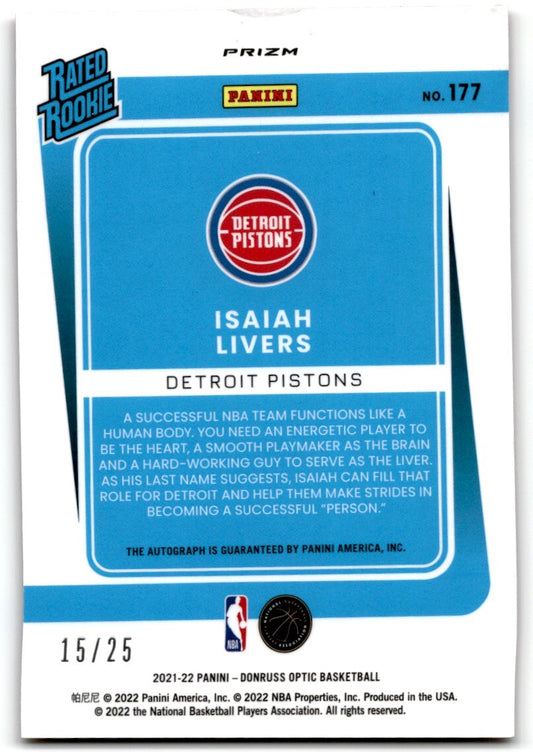 2021-22 Donruss optic pink prizm auto Isaiah Livers 15/25 Detroit Pistons #177