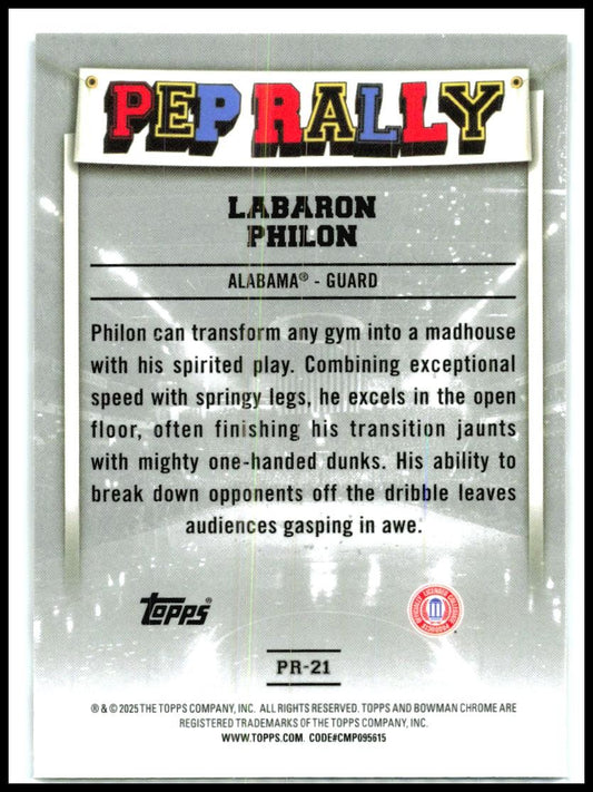 2024-25 Bowman University Chrome Pep Rally #PR-21 Labaron Philon Crimson Tide