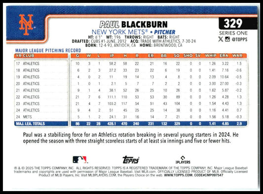 2025 Topps Spring Training #329 Paul Blackburn New York Mets