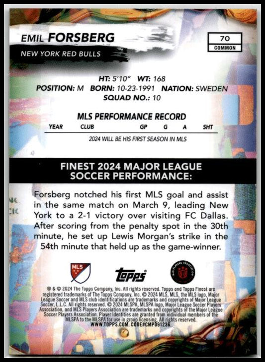 2024 Topps Finest MLS Orange Refractors #/50 #70 Emil Forsberg