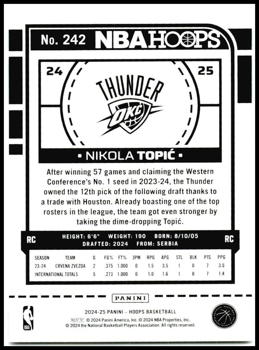 2024-25 Hoops #242 Nikola Topic Rookie Oklahoma City Thunder