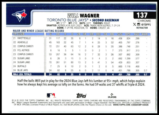 2025 Topps Chrome #137 Will Wagner Rookie Toronto Blue Jays