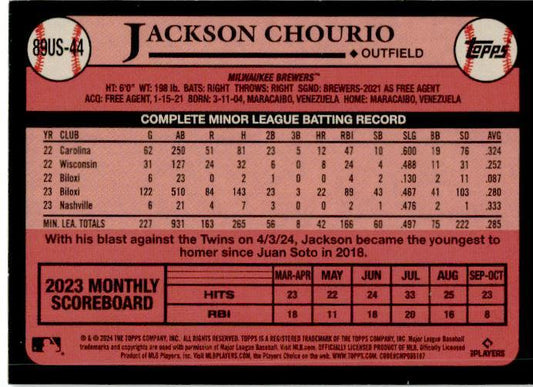 2024 Topps Update 1989 Topps 35th Anniversary #89US-44 Jackson Chourio Brewers
