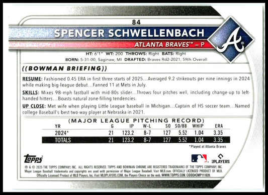 2025 Bowman Chrome Mojo Refractors #84 Spencer Schwellenbach Rookie Braves
