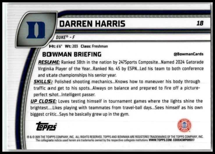2024-25 Bowman University Chrome Green Shimmer #18 Darren Harris Duke