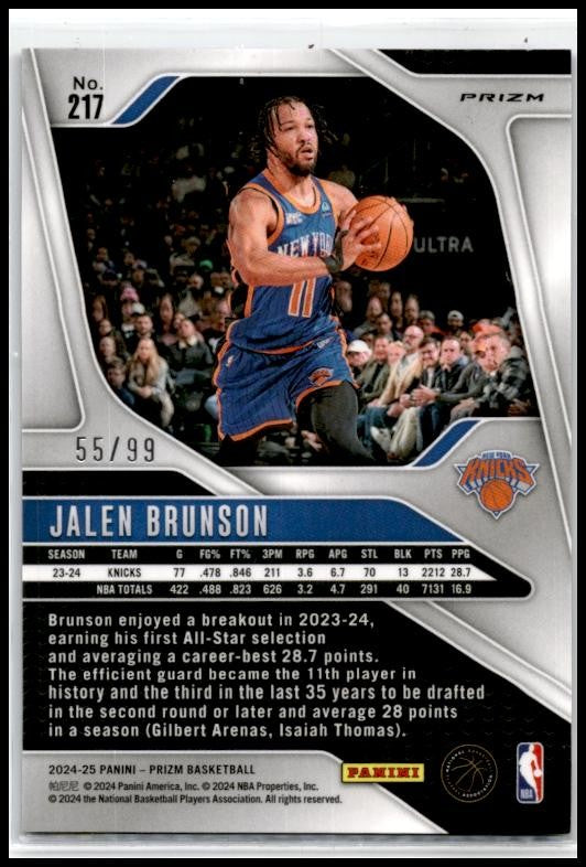 2024-25 Panini Prizm Prizms Blue Seismic #217 Jalen Brunson #/99 New York Knicks