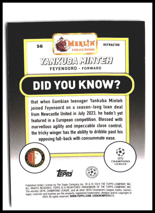 Yankuba Minteh #56 2023-24 Merlin UEFA Club Competitions Refractor Rookie RC