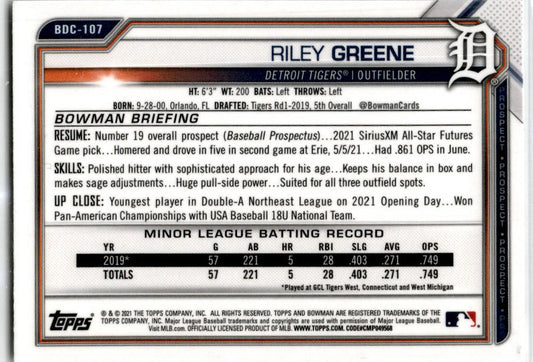 2021 Bowman Draft #BDC-107 Riley Greene Detroit Tigers