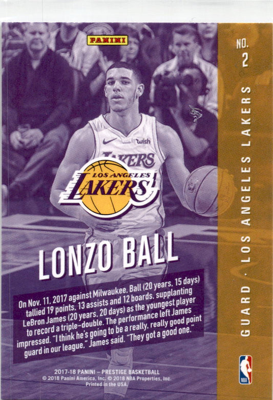 2017-18 Panini Prestige Rookie Class #2 Lonzo Ball Los Angeles Lakers