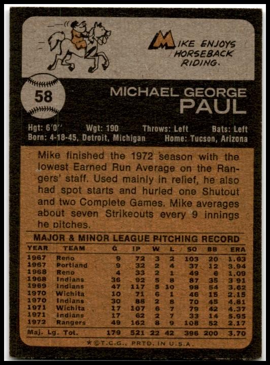 1973 Topps #58 Mike Paul Texas Rangers