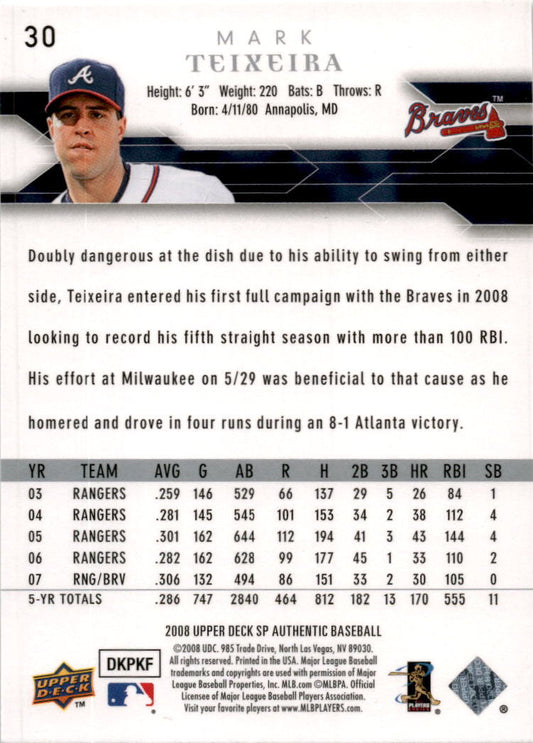 2008 SP Authentic #30 Mark Teixeira Atlanta Braves
