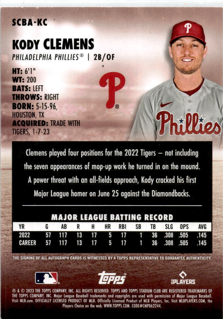 2023 Stadium Club #SCBA-KC Kody Clemens Autographs Philadelphia Phillies