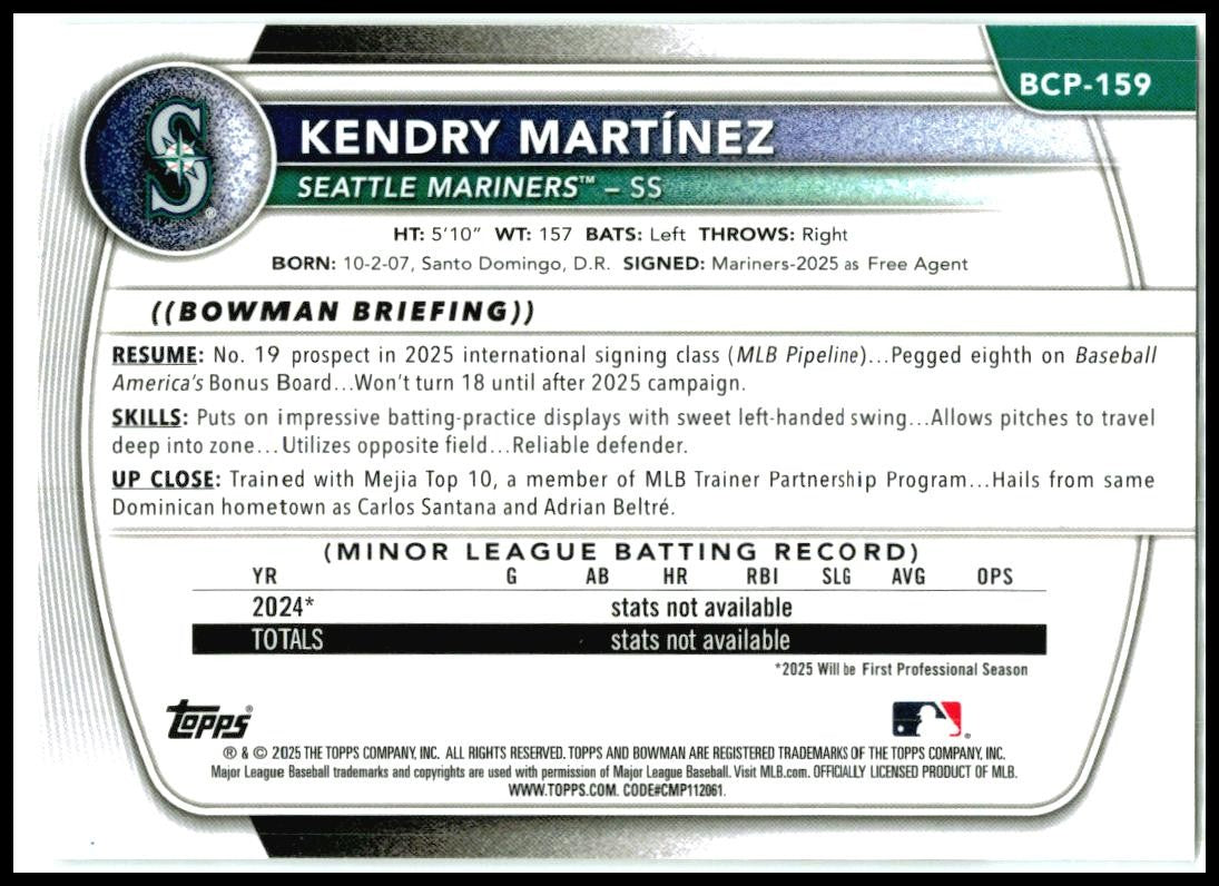 2025 Bowman Chrome LAZER Refractor #BCP-159 Kendry Martínez Seattle Mariners