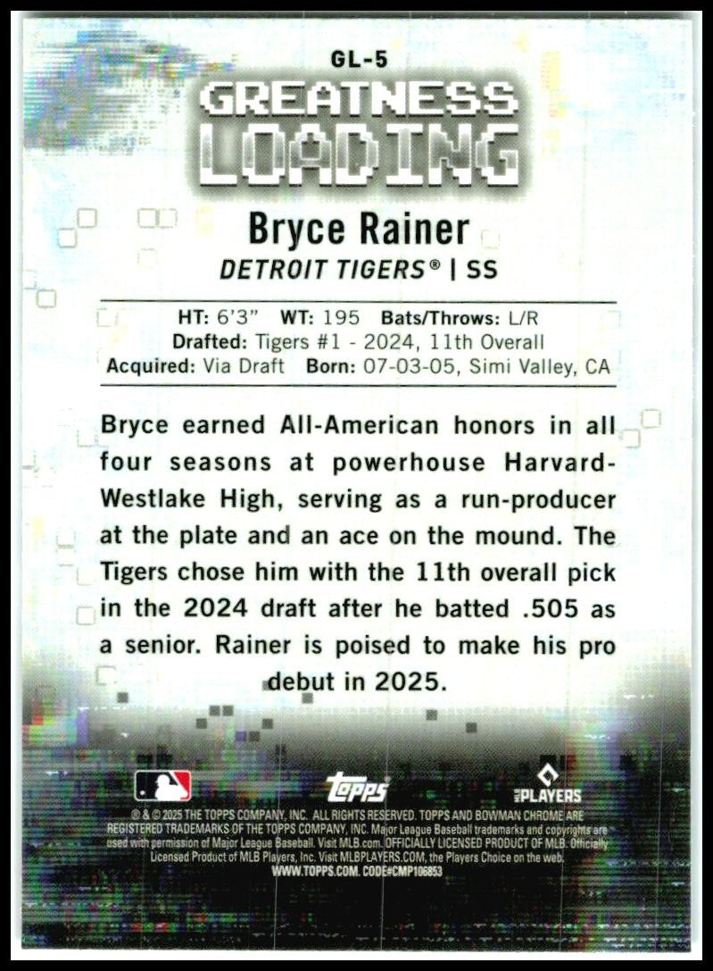 2025 Bowman Greatness Loading #GL-5 Bryce Rainer Detroit Tigers