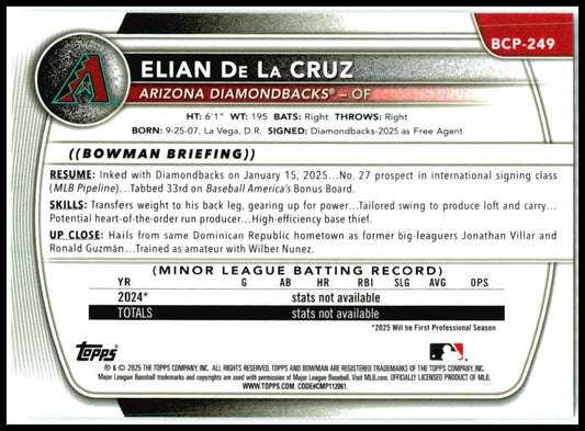 2025 Bowman Chrome #BCP-249 Elian De La Cruz Diamondbacks