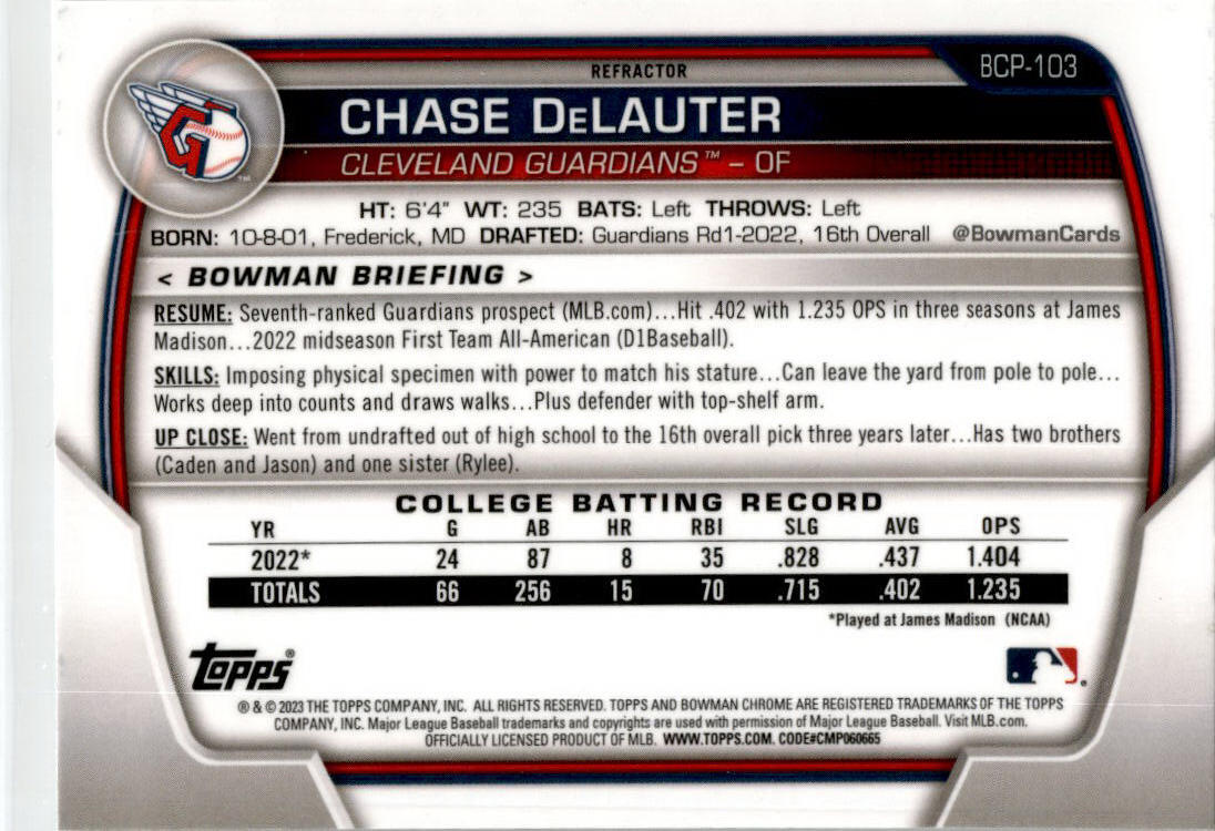 2023 Bowman Chrome Prospects Lunar Glow Refractors #BCP-103 Chase DeLauter