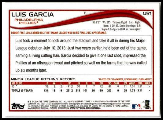 2014 Topps #451 Luis Garcia Rookie Philadelphia Phillies