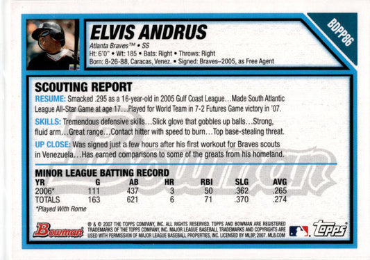 2007 Bowman Draft Picks & Prospects #BDPP86 Elvis Andrus Atlanta Braves