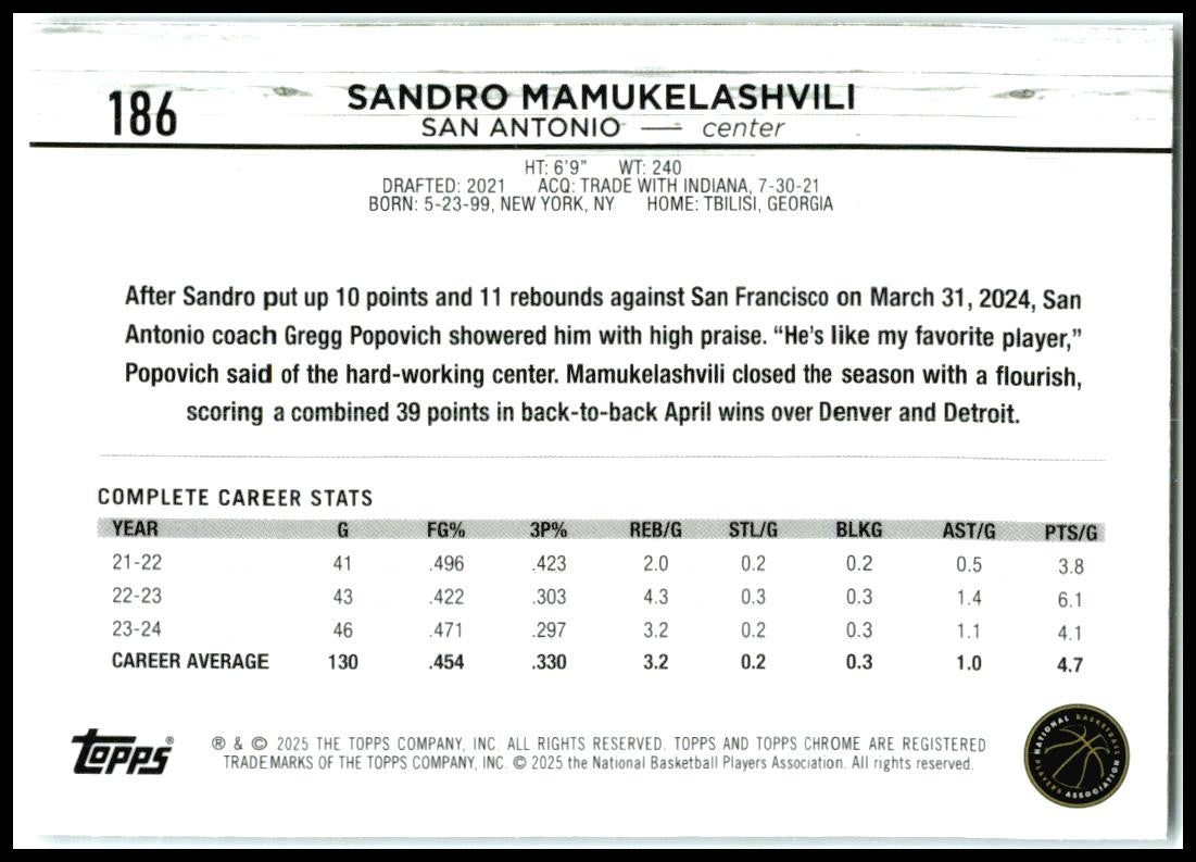 2024-25 Topps Chrome Blue Basketball Refractor #186 Sandro Mamukelashvili Spurs