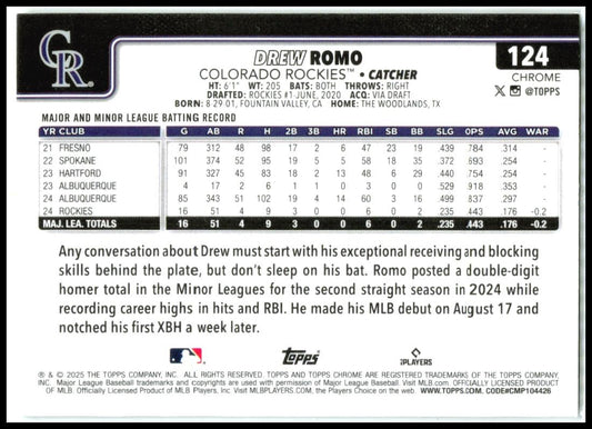 2025 Topps Chrome #124 Drew Romo Rookie Colorado Rockies