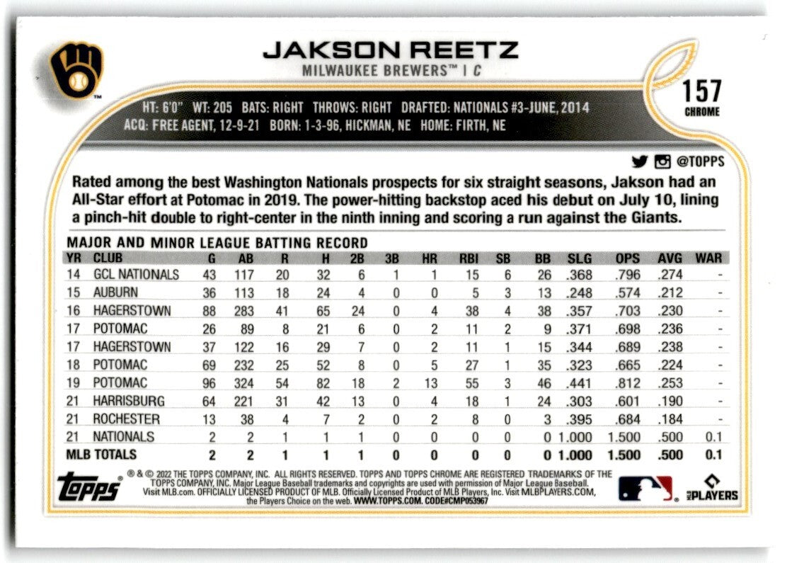 2022 Topps Chrome Prism Refractor Jakson Reetz Rookie Milwaukee Brewers #157