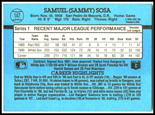 1991 Donruss #147 Sammy Sosa Chicago White Sox