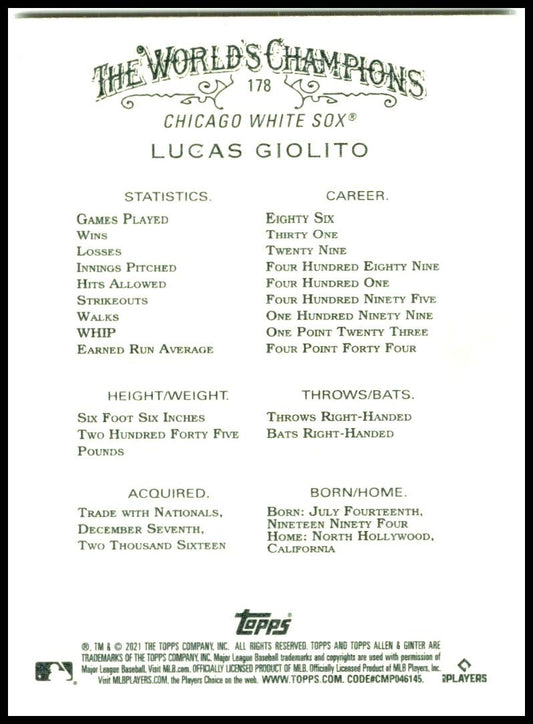 2021 Topps Allen & Ginter #178 Lucas Giolito Chicago White Sox