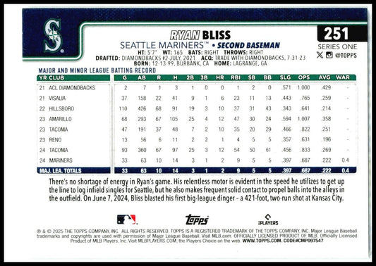2025 Topps Silver Crackle Foilboard #251 Ryan Bliss Seattle Mariners
