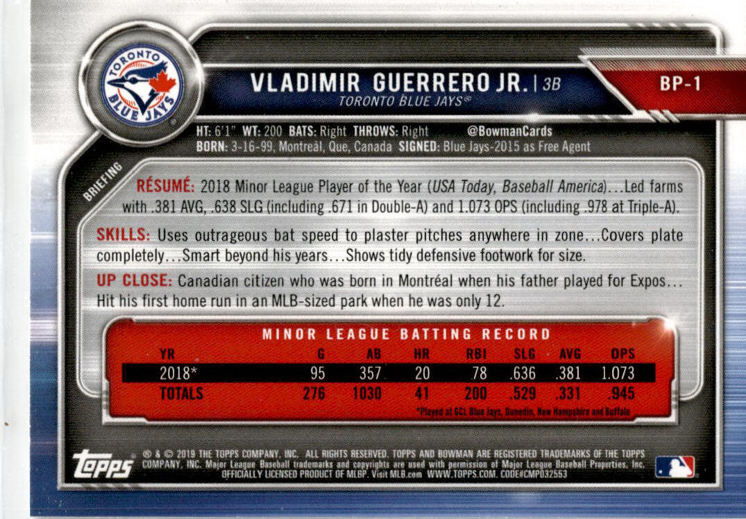 2019 Bowman #BP-1 Vladimir Guerrero Jr.