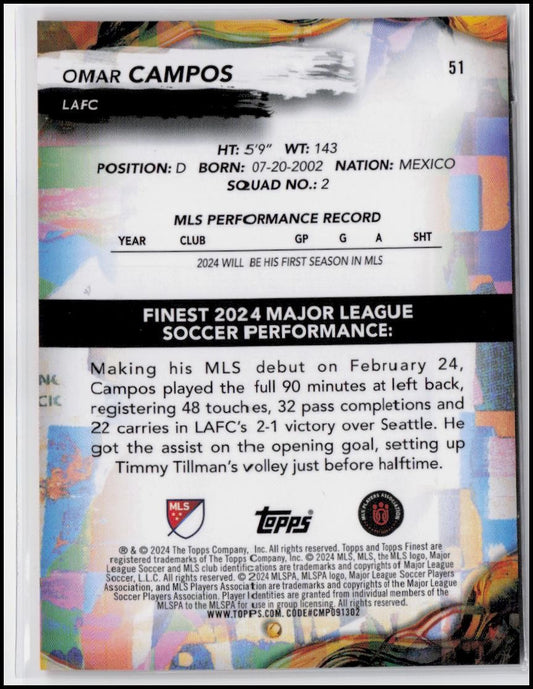 2024 Finest MLS #51 Omar Campos Hologlow Orange Refractor #/25