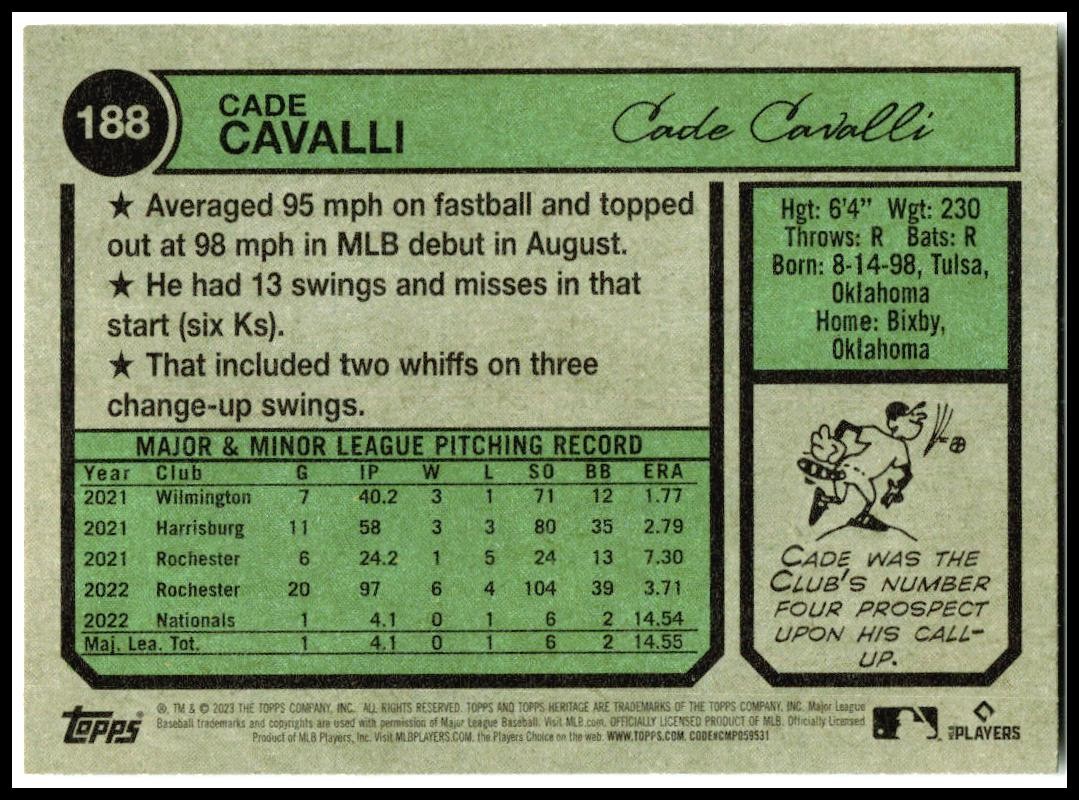 2023 Topps Heritage #188 Cade Cavalli Rookie Washington Nationals